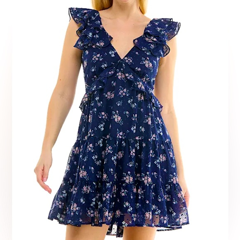 Trixxi Floral Ruffle Clip-Dot Mini Dress